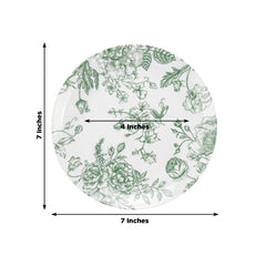 10-Pack French Toile Plastic Salad Plates – Sage Green & White Floral, 7" Round Disposable Dessert Plates