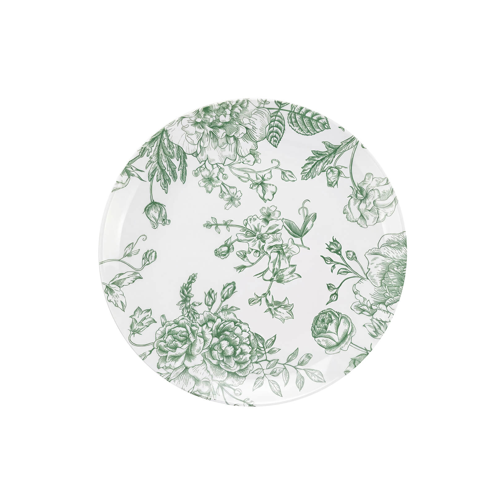 10-Pack French Toile Plastic Salad Plates – Sage Green & White Floral, 7" Round Disposable Dessert Plates