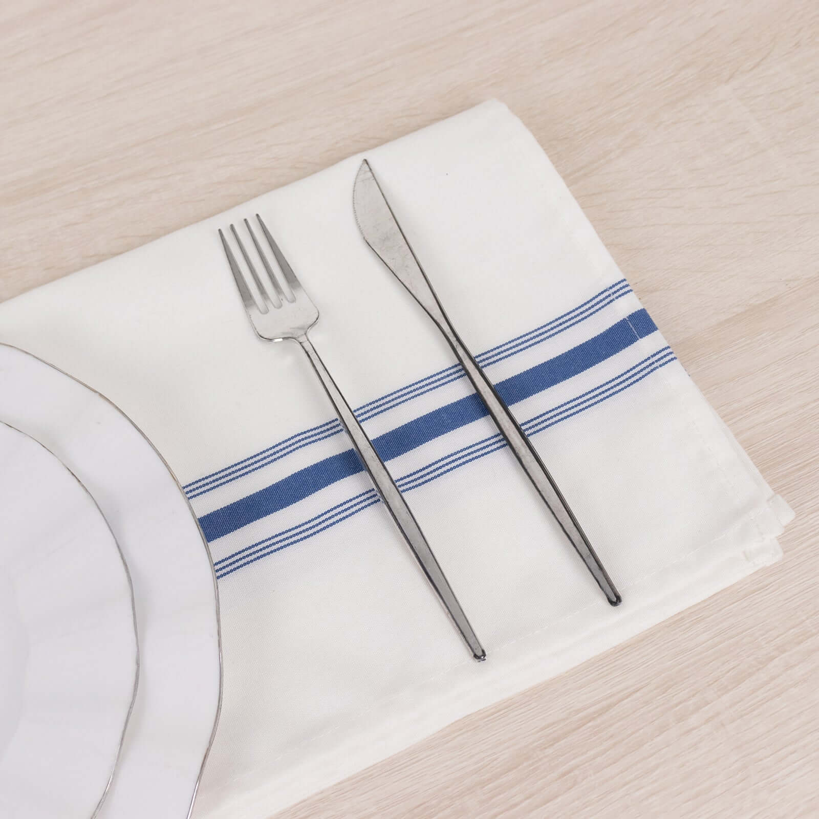 10 Pack Premium Spun Polyester 18"x22" Napkins White/Blue Bistro Style - Highly Absorbent Cotton-Like Feel Cloth Napkins