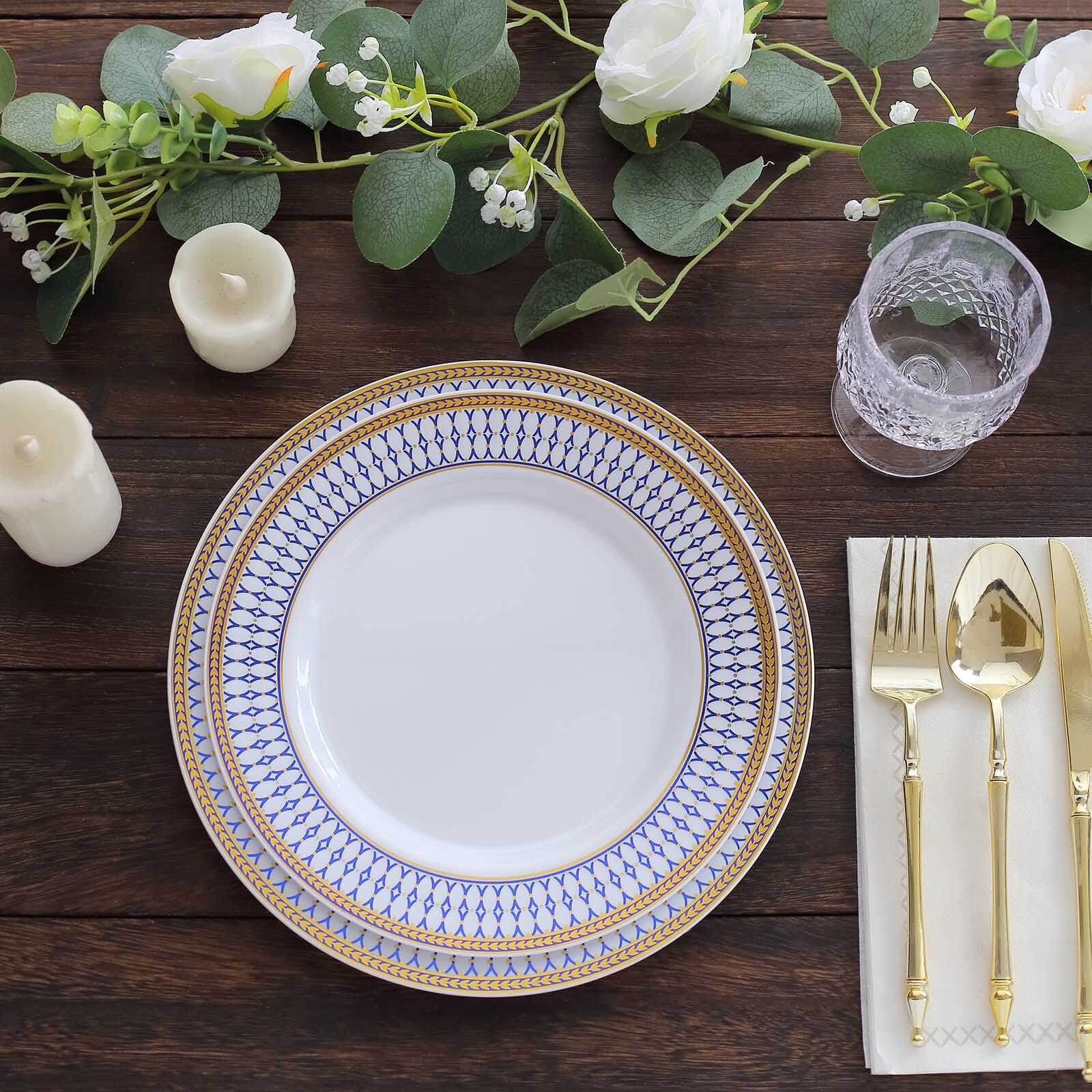 10-Pack Plastic 9" Round Dinner Plates in White with Gold Navy Blue Chord Rim - Renaissance Style Disposable Plates for Events & Banquets