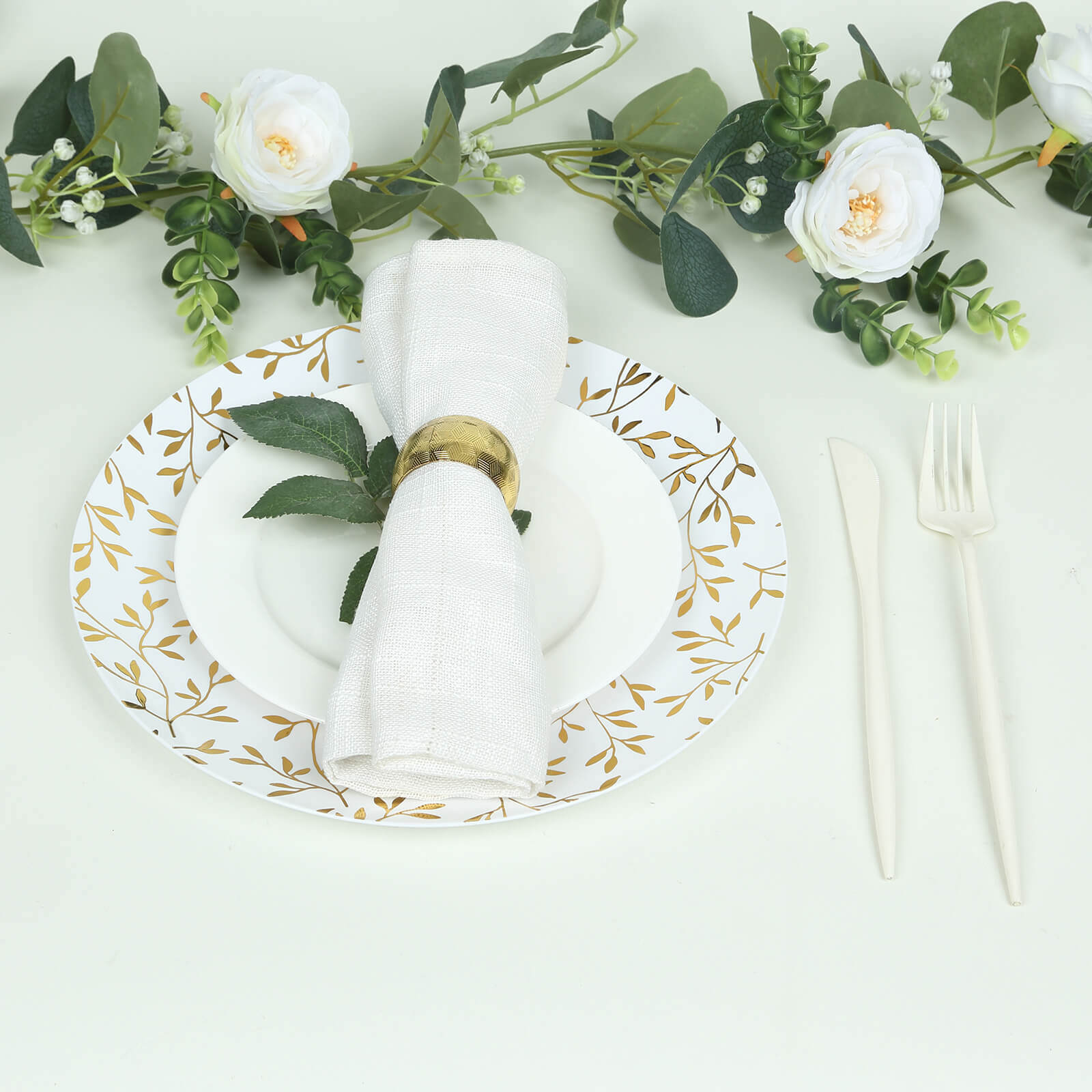 10-Pack Plastic 10" Round Dinner Plates in White with Gold Leaf Design - Heavy Duty Disposable Party Plates for Stylish Events & Memorable Gatherings