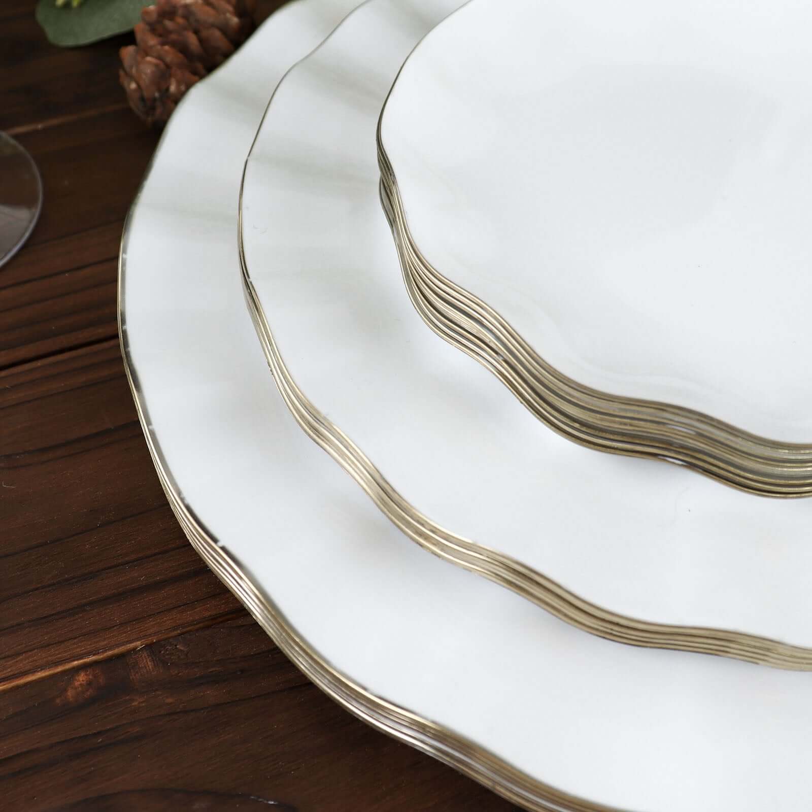 10-Pack Plastic 11" Round Dinner Plates in White Ruffled Rim with Gold Edging - Sturdy Disposable Dinnerware for Classy Events & Banquets
