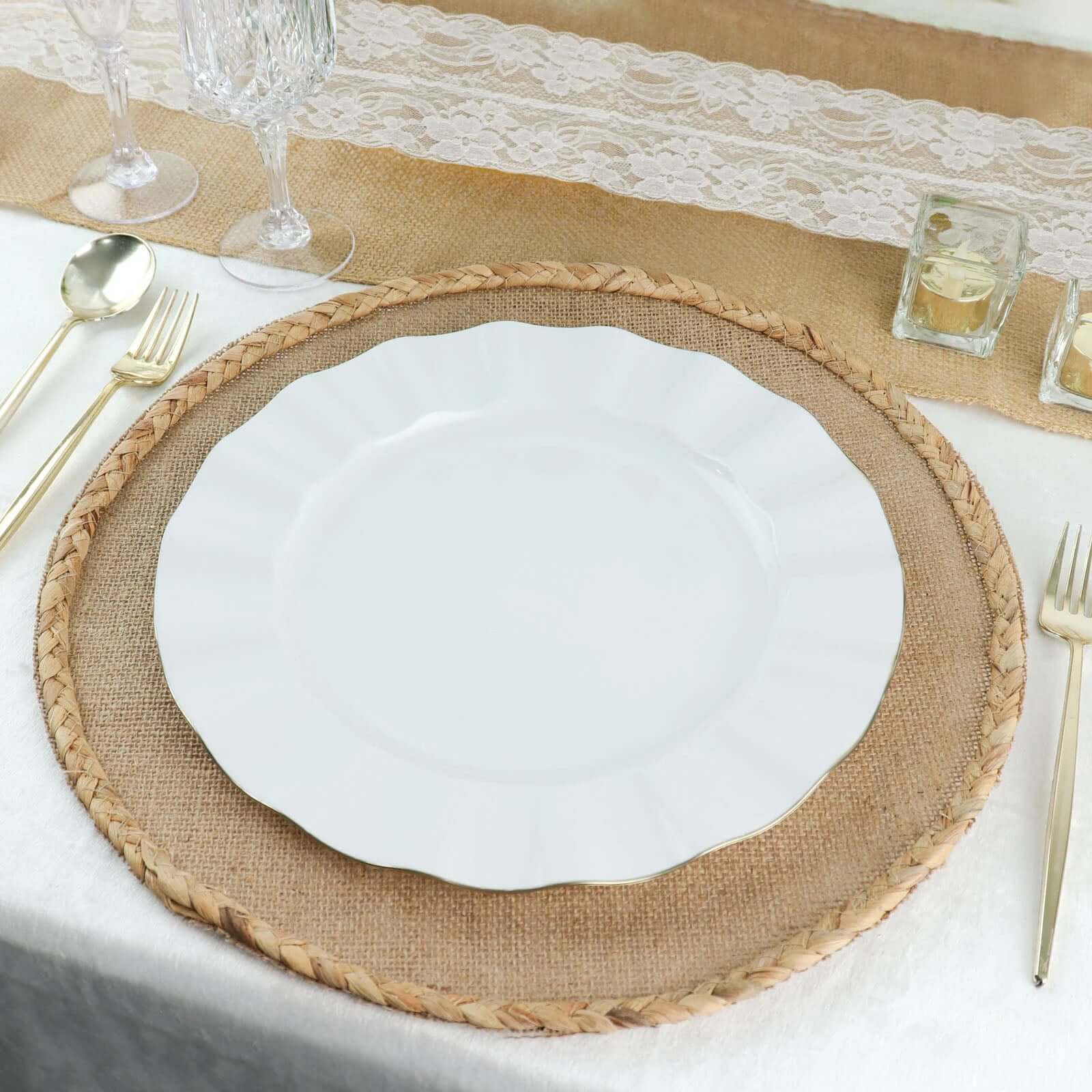 10-Pack Plastic 11" Round Dinner Plates in White Ruffled Rim with Gold Edging - Sturdy Disposable Dinnerware for Classy Events & Banquets