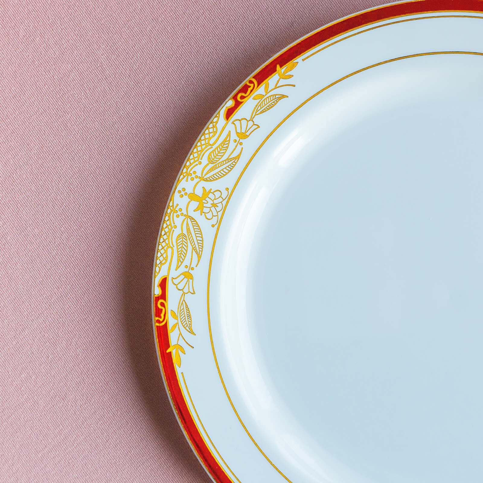 10-Pack Plastic 8" Round Dessert Plates in White with Red Rim - Stylish Gold Vine Design Disposable Salad/Appetizer Plates for Special Occasions & Celebrations